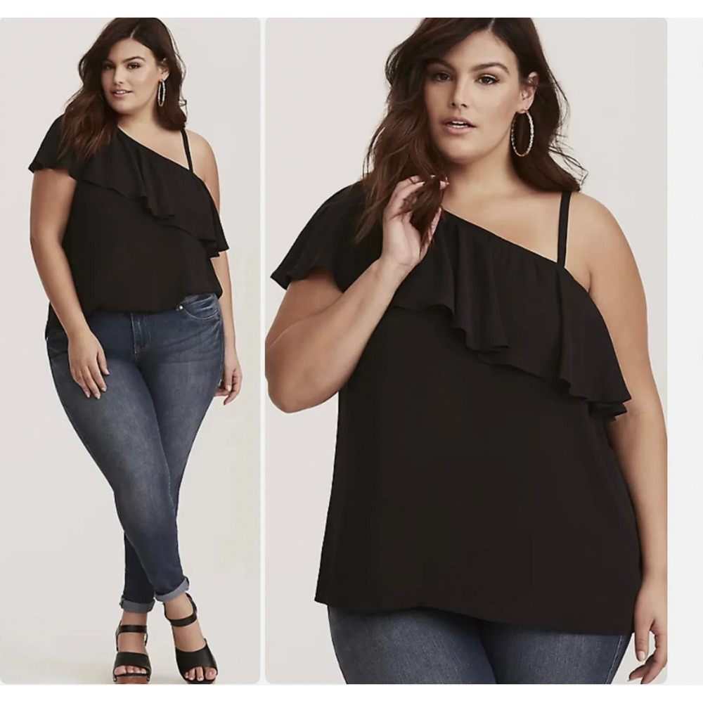 TORRID Georgette One Shoulder Top‎ Black Ruffle Dressy Plus Size 2X 2